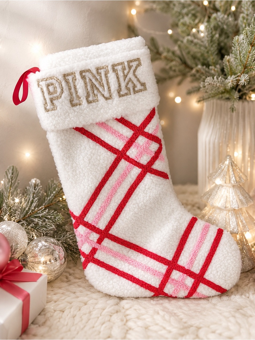 PINK Victoria's Secret Sherpa Holiday Stocking in White with Pink & Red NWOT